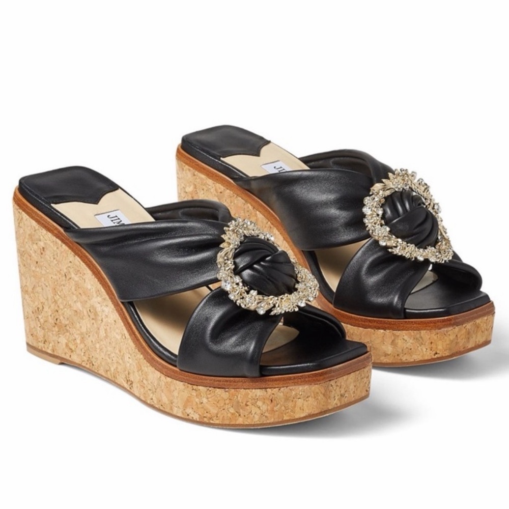 Jimmy Choo Nevara90 Womens Embellished Rhinestone Leather Wedge Black Sandals 38